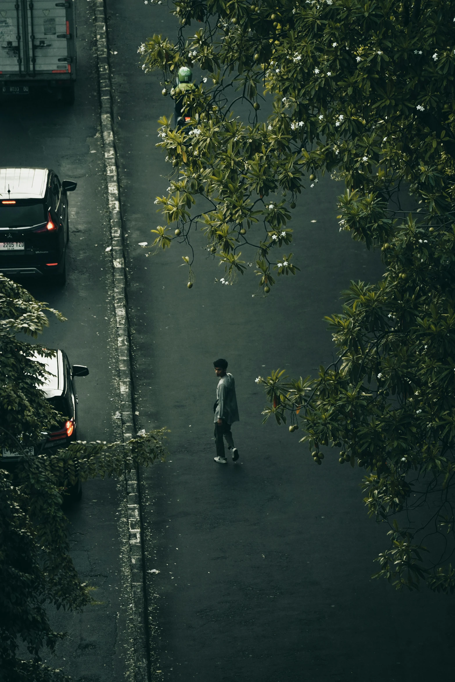 a person is standing by a sidewalk, while another is walking near