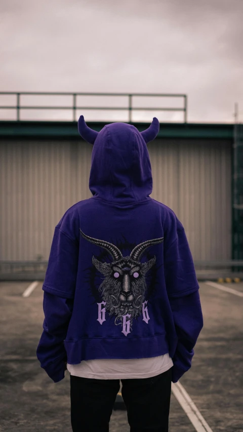 the hoodie has an image of an evil dog with horns on it