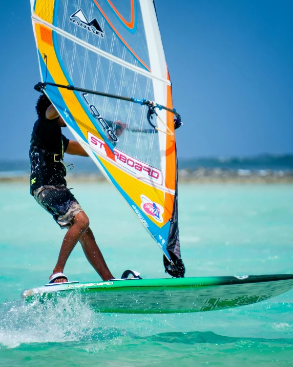 a man windsurfing in the blue ocean