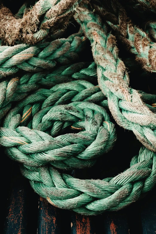 a blue and green rope on a wooden surface