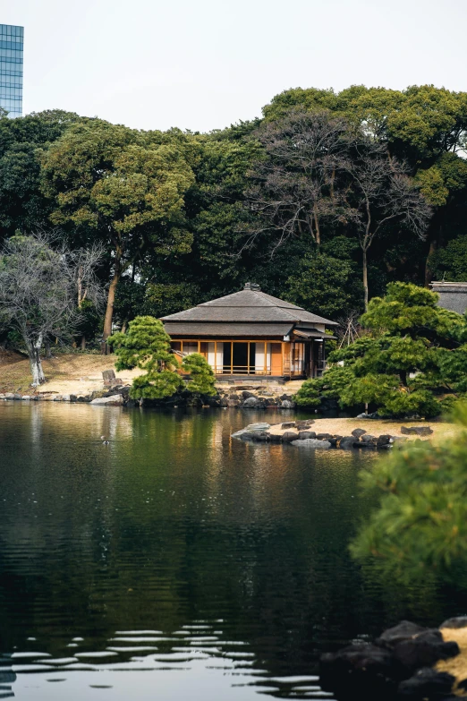 a hut sitting in the middle of some water