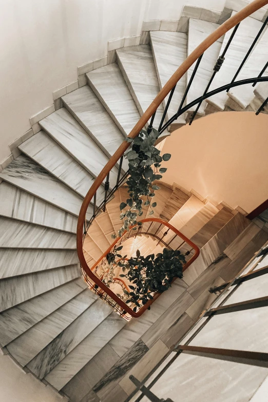 a view down the spiral staircase at the top of a building