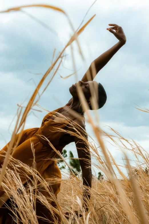 a bronze sculpture stands in tall grasses on an overcast day