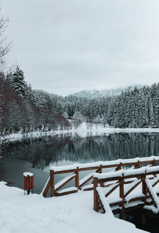 a fenced in view of snow covered trees and water