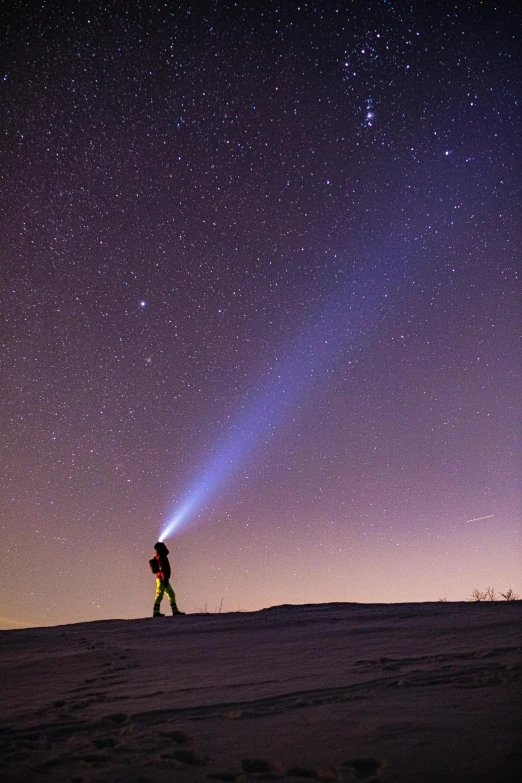 people walking on sand towards the stars with bright beams