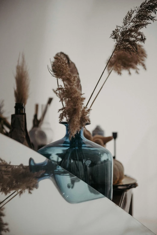 dried plants in blue vase on table with chair and walls