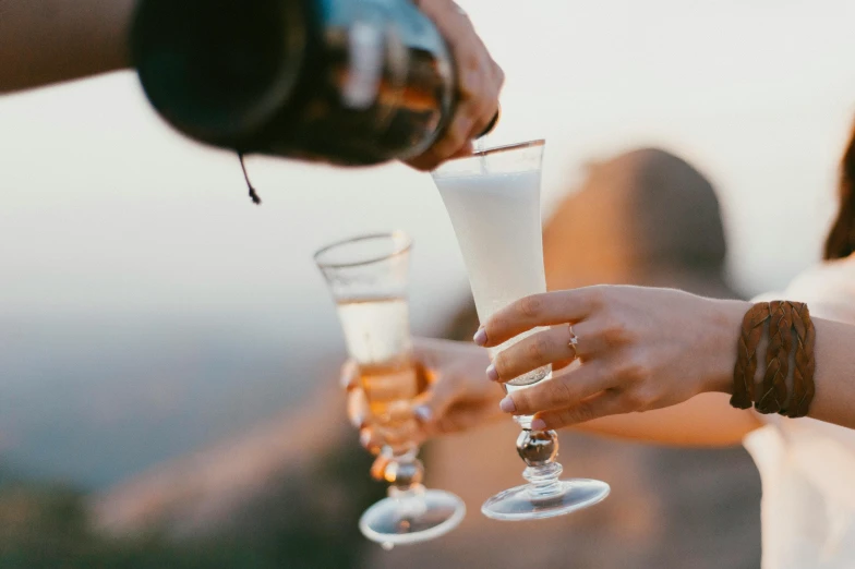 two people toasting while another woman is holding two wine glasses