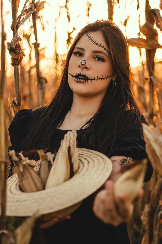 a woman wearing a skeleton makeup and long hair