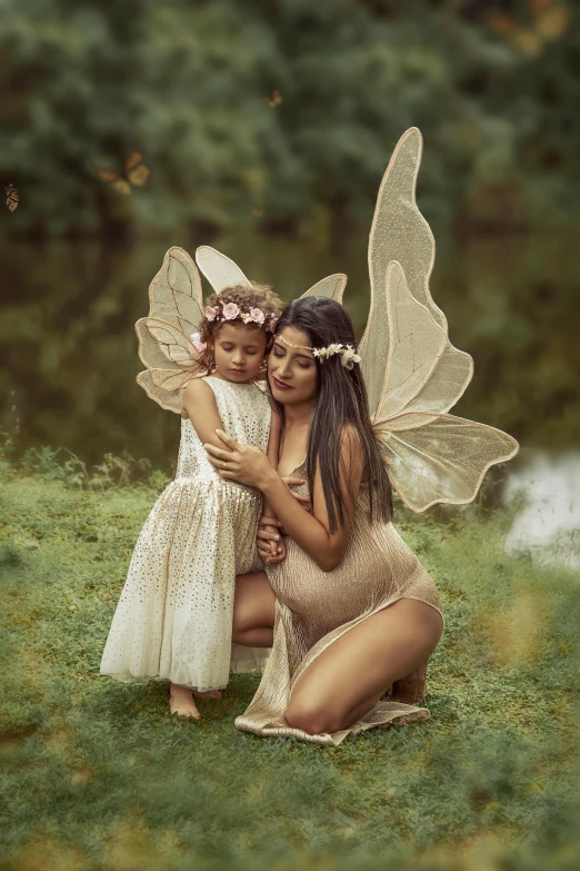 a woman and child pose in the grass