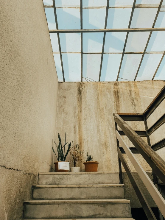 a set of stairs leading up to a skylight