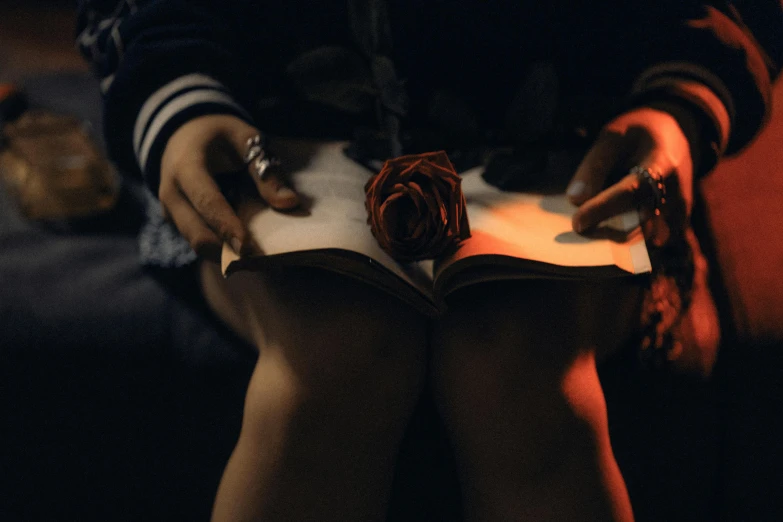 a person holds a book over their knees