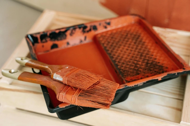 a tray with paintbrush and a leather brush inside of it