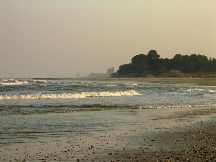 a po of a beach, the water and trees