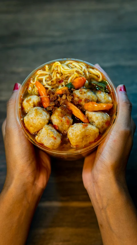 hands hold a bowl filled with pasta and vegetables