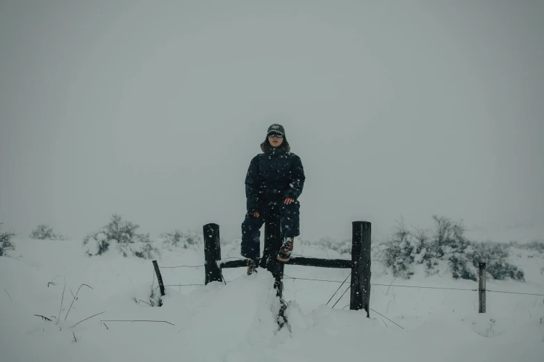 a person standing on top of a fence in the snow