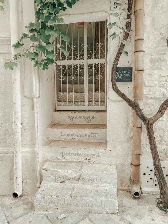 a tree in front of a building next to a wall with some graffiti on it