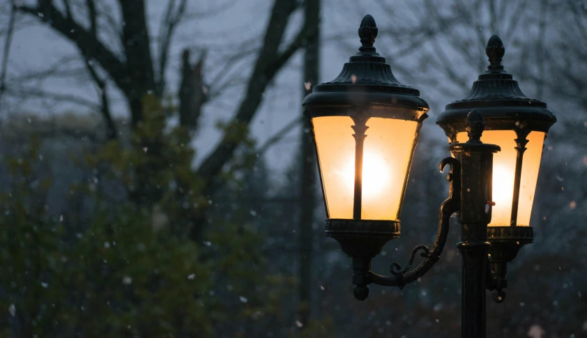 two street lamps that are sitting on the side of a road