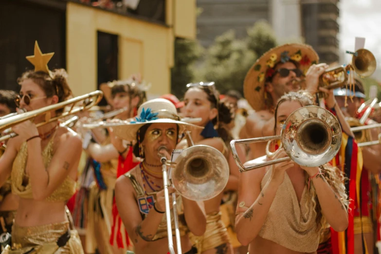 people wearing costume, singing, holding instruments