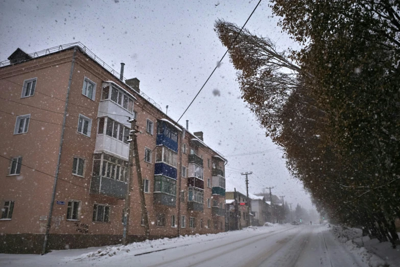 snowy street next to two brick buildings and some trees