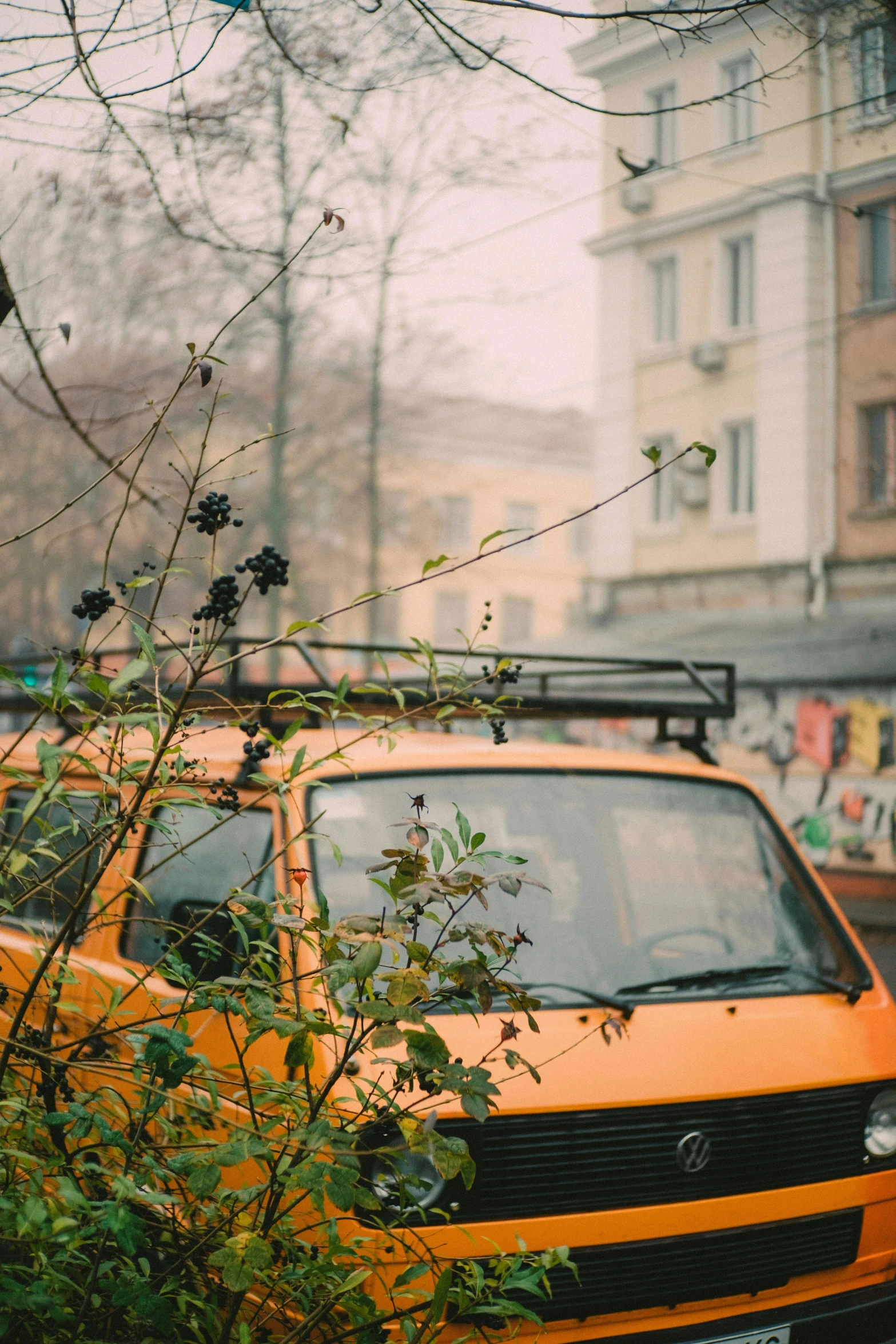 an orange car is parked on the side of the road