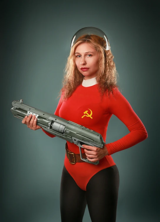 a beautiful young woman dressed in red with a gun