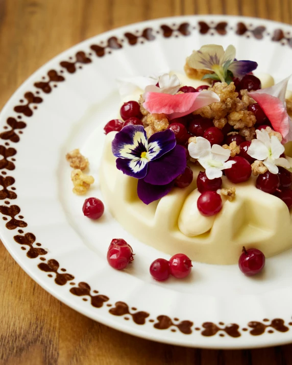 a dessert made out of icing with cranberries and an edible flower