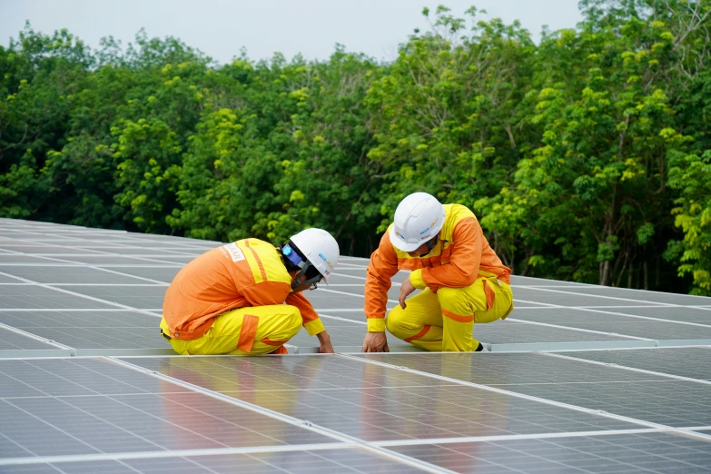 two workers crouched down on the roof of a solar panel