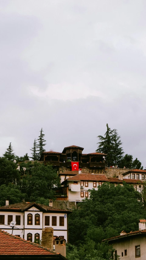 two buildings are on a hill near the trees