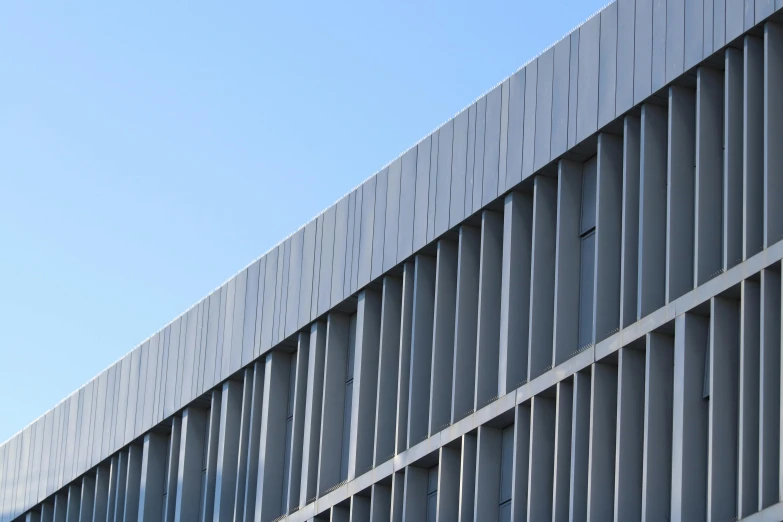 the front of a building with slats on it