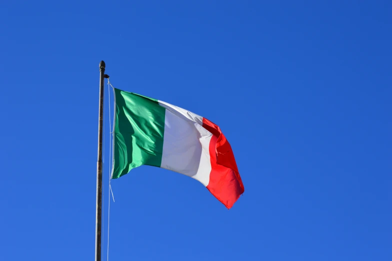 a flag flying in the air on a blue sky