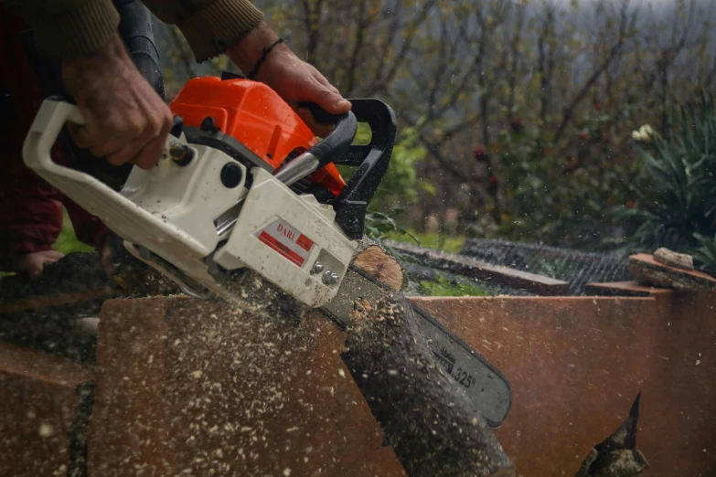 a person cuts a log with a chainsaw