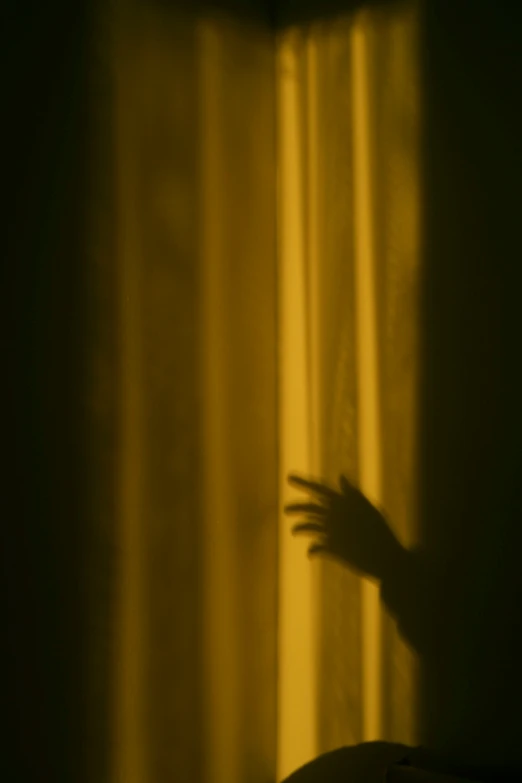 a person's shadow is shown through curtains