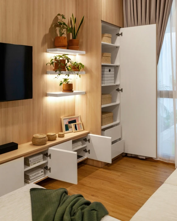 a small living room with a flat screen television and wooden floors