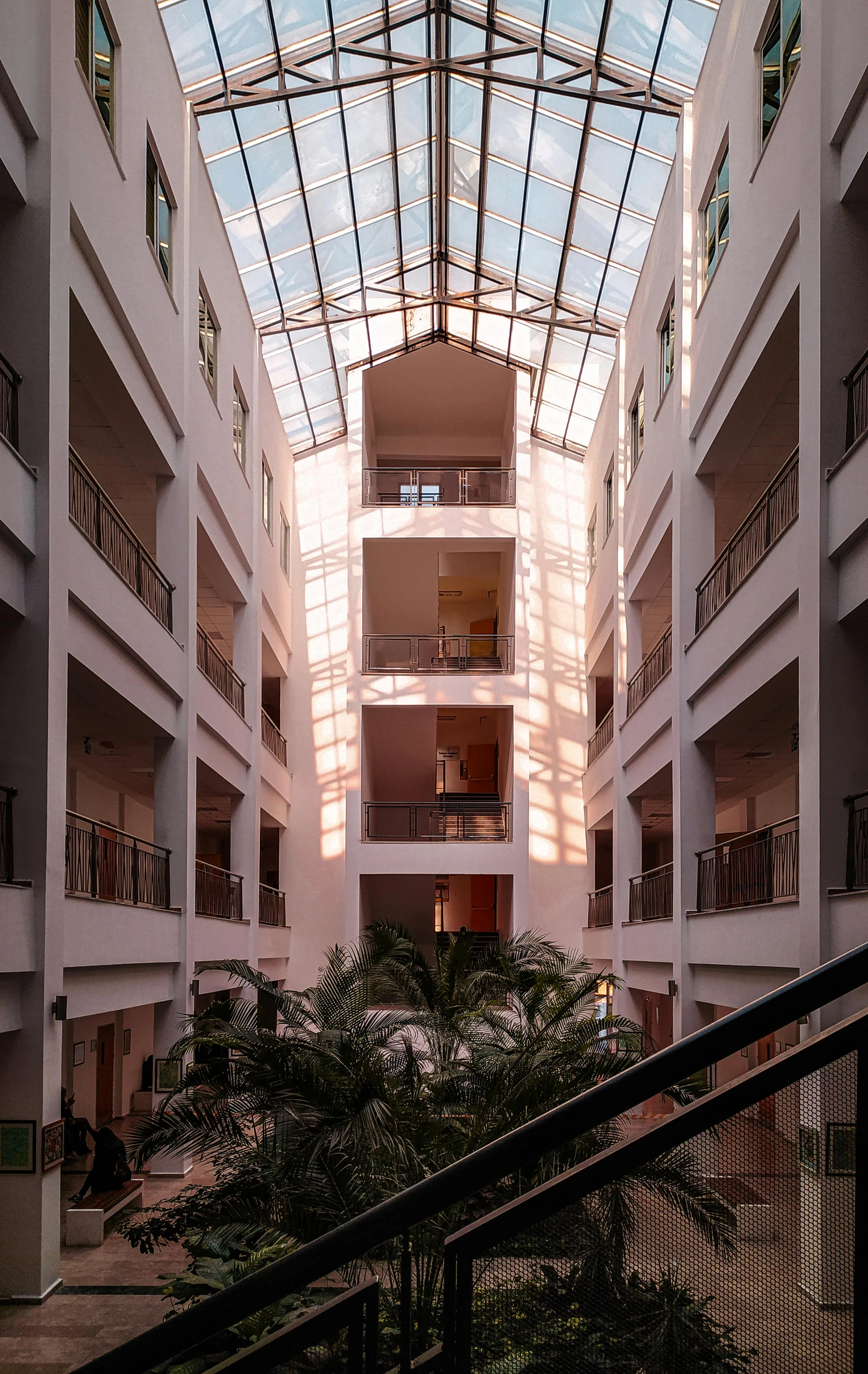 an interior view of a building with several balconies