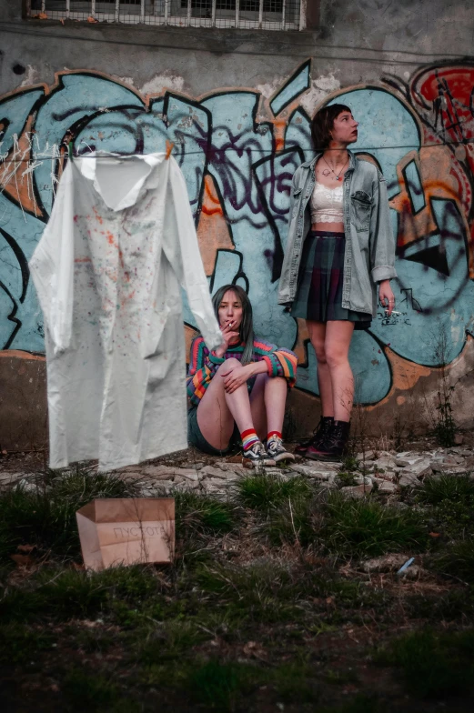 two women standing next to each other on the ground