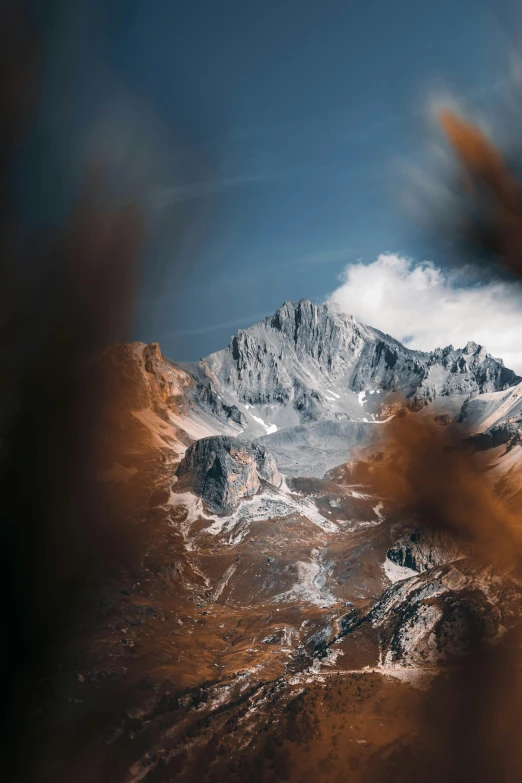 snow covered mountain tops are shown through the lens