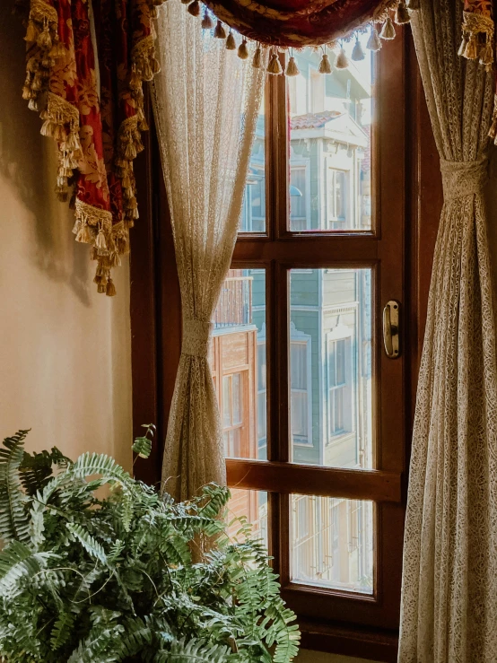 a window with potted plants sitting next to it