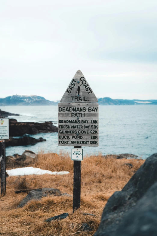 a wooden sign points to different locations on the water's edge