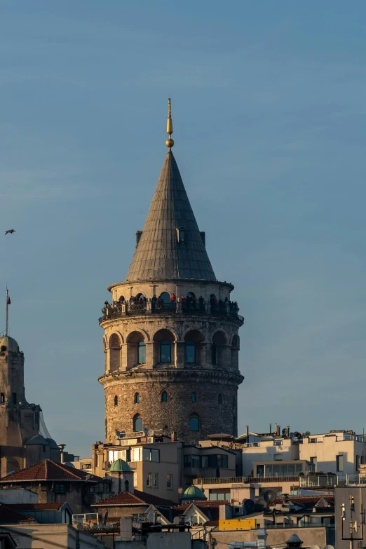 a cityscape with a tower and two towers and rooftops