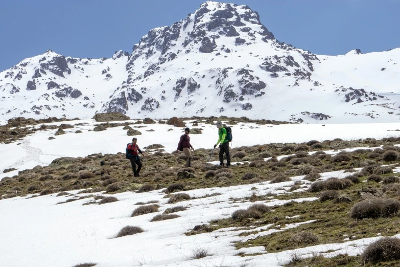 four people hiking on a hill near a snowy mountain