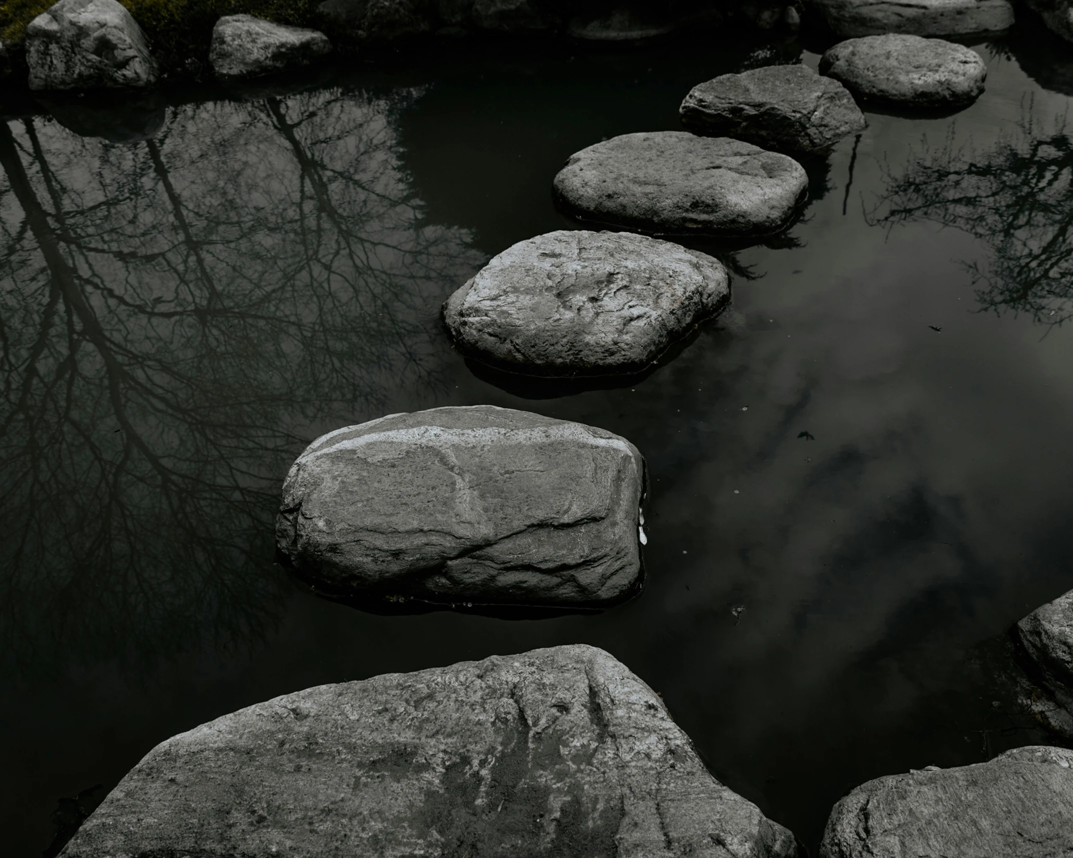 stones arranged in the water leading to the shore