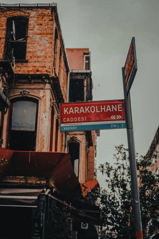 a street sign in front of a red brick building