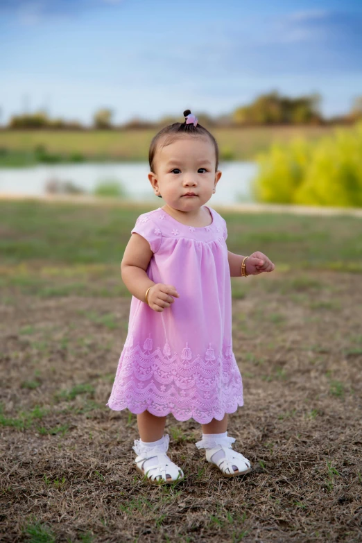 baby girl in dress in a grassy field