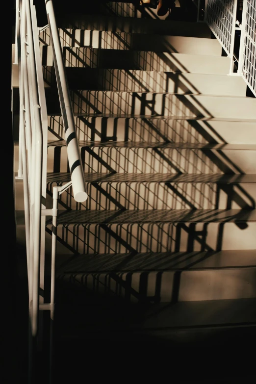 several stairs with white railings with people on them