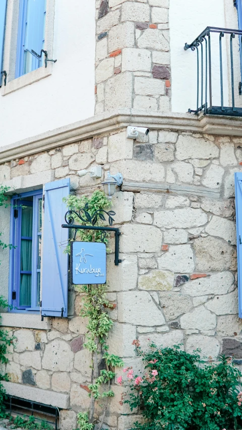 a corner view of a building with blue shutters and plants on the outside