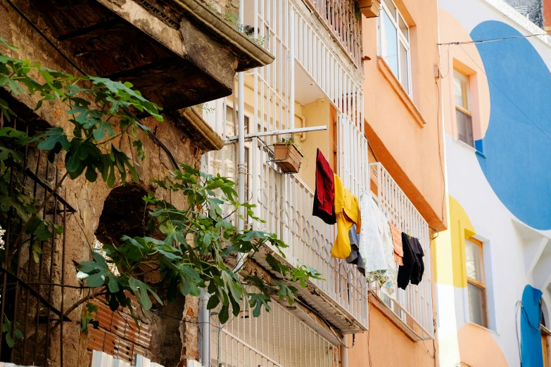 clothes drying on the lines near buildings