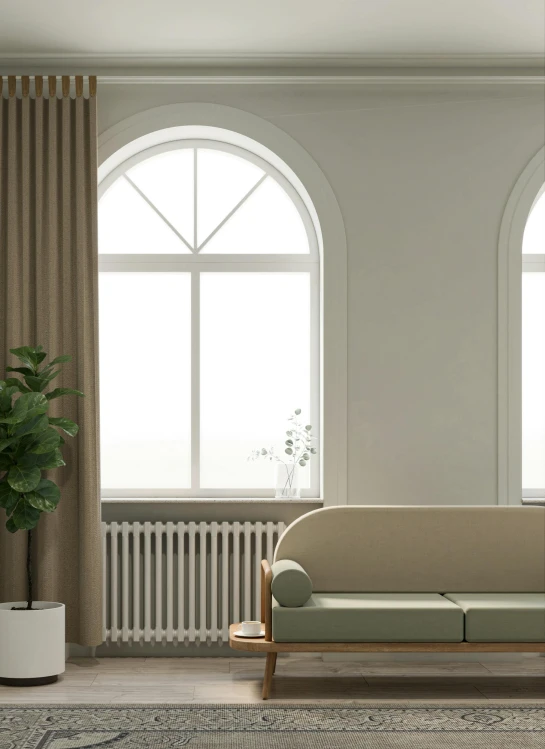 an empty living room with curtains, chairs, couches and potted plants