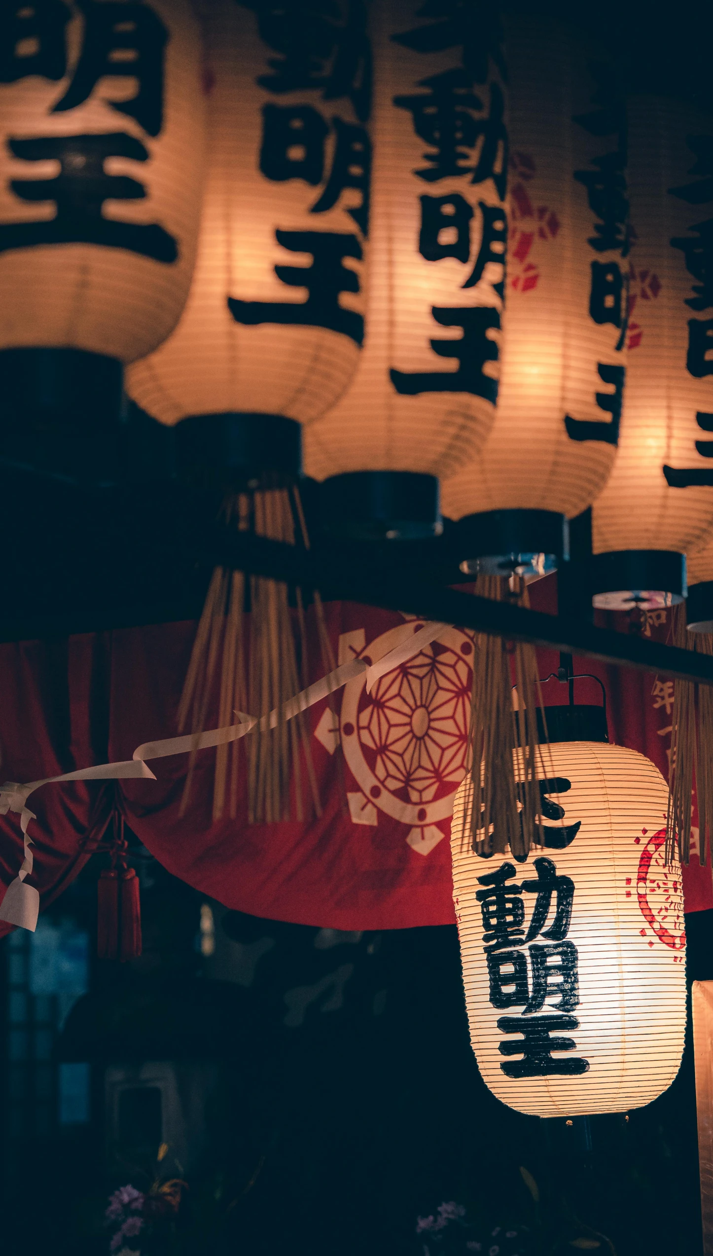 chinese lanterns decorated with chinese characters in an oriental style