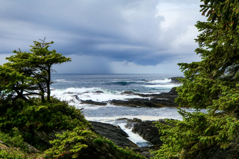 a view of the sea from a cliff with rocks