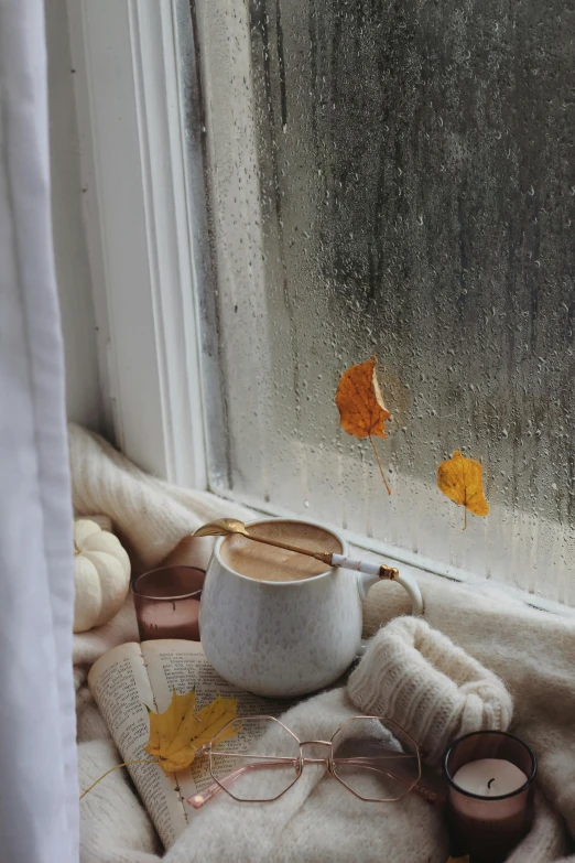 a po of some books, a candle, and other items by a window